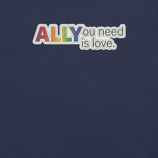 Badditude Allyou Need Is Love T-Shirt in Navy displaying pride colors in an ally logo