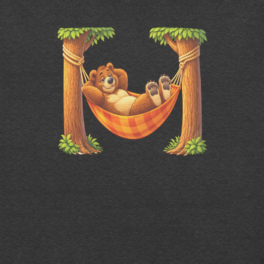 Badditude Bear Hammock T-Shirt in Dark Grey Heather - Cartoon bear relaxing in a hammock with fun lounge vibes