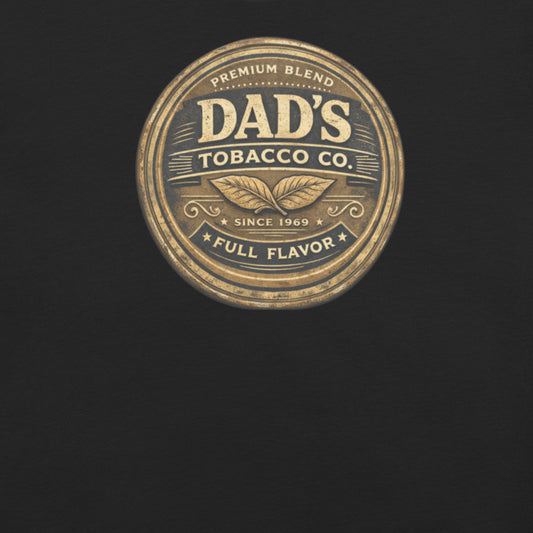 Badditude Dad's Tobacco Company T-Shirt in Vintage Black - Showing classic tin of tobacco in vintage Dad style.