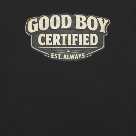 Badditude Good Boy Certified T-shirt in vintage black featuring scout-style good boy badge logo