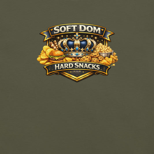 Soft Dom Hard Snacks leather community Pride shirt with bold kink-inspired typography