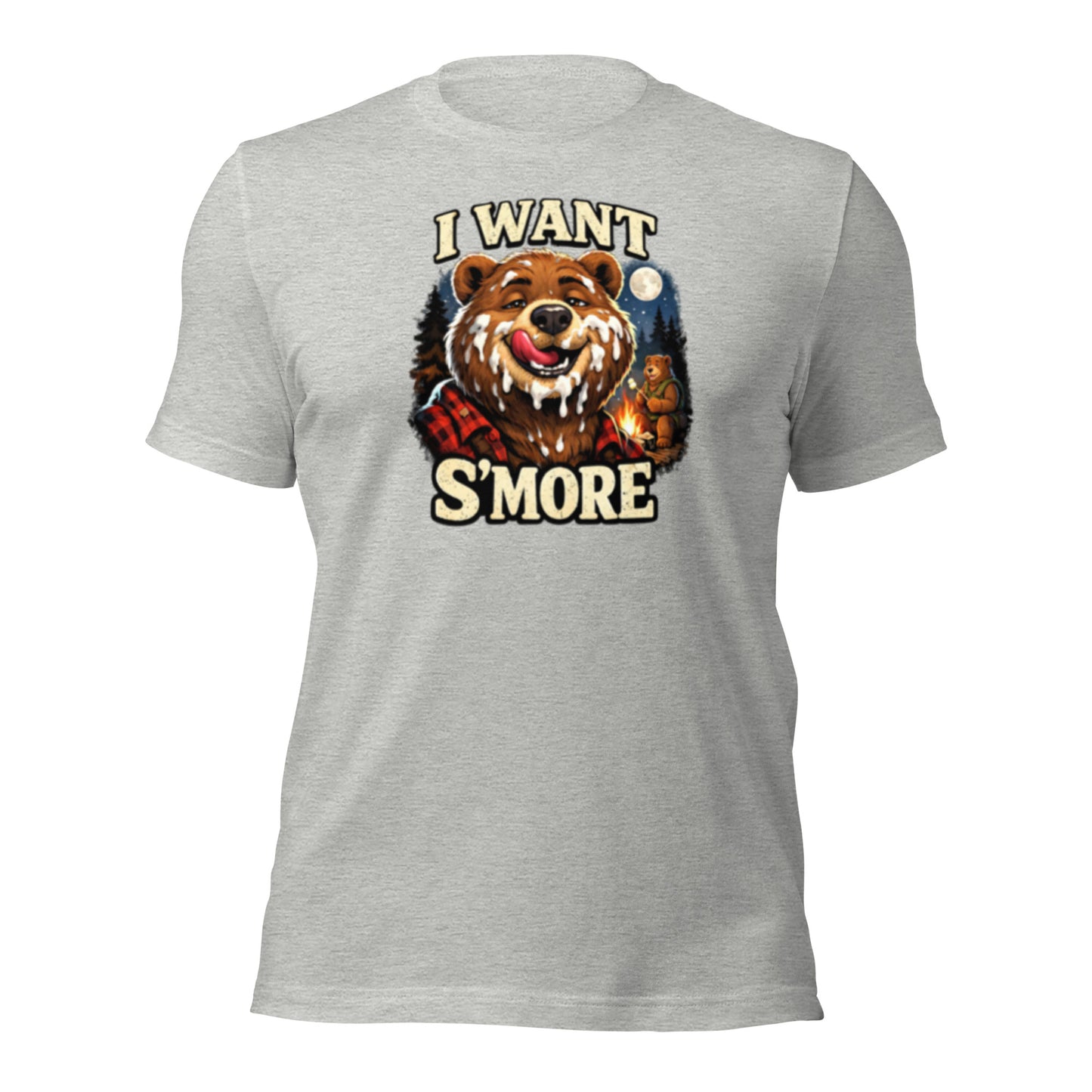 Graphic T_Shirt depicting a bear eating marshmallow smores at a campsite