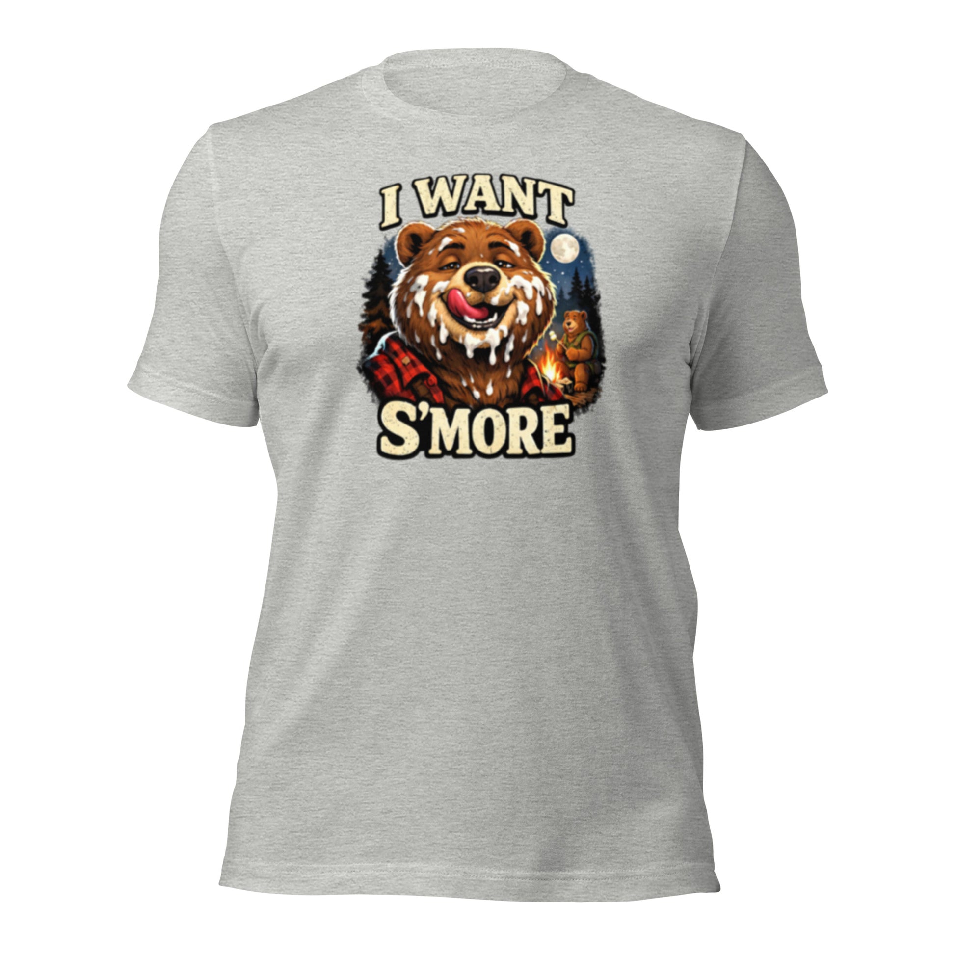 Graphic T_Shirt depicting a bear eating marshmallow smores at a campsite
