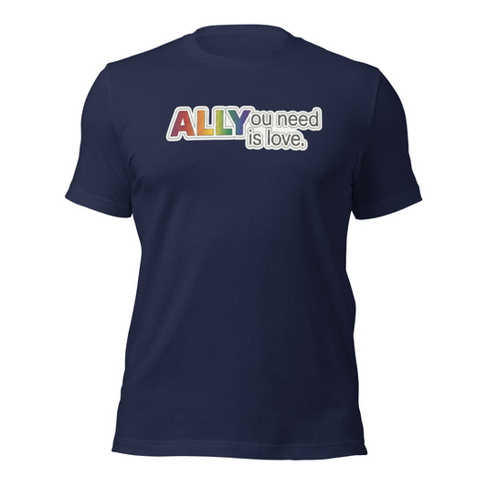 Badditude Allyou Need Is Love T-Shirt in Navy front view displaying pride colors in an ally logo