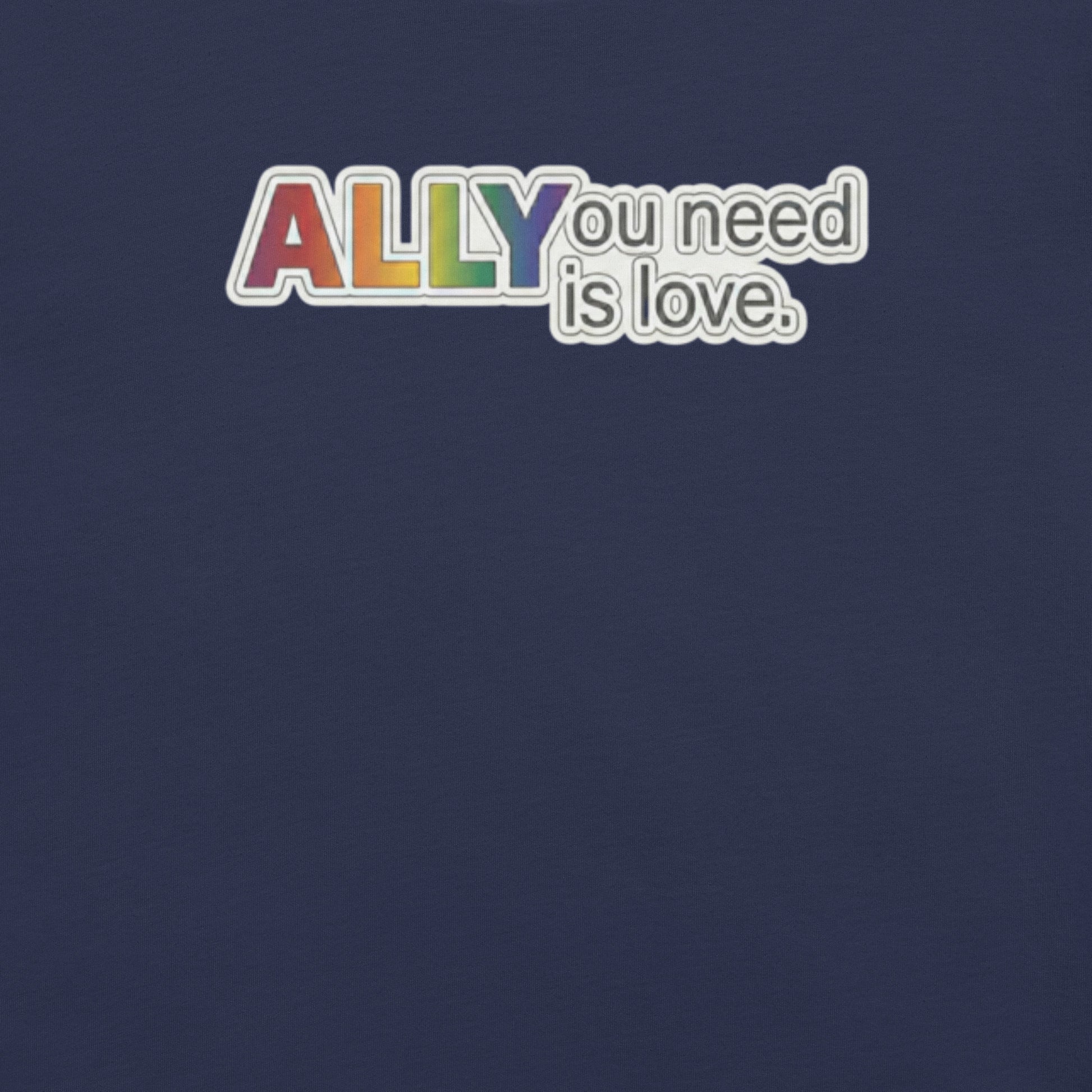 Badditude Allyou Need Is Love T-Shirt in Navy displaying pride colors in an ally logo