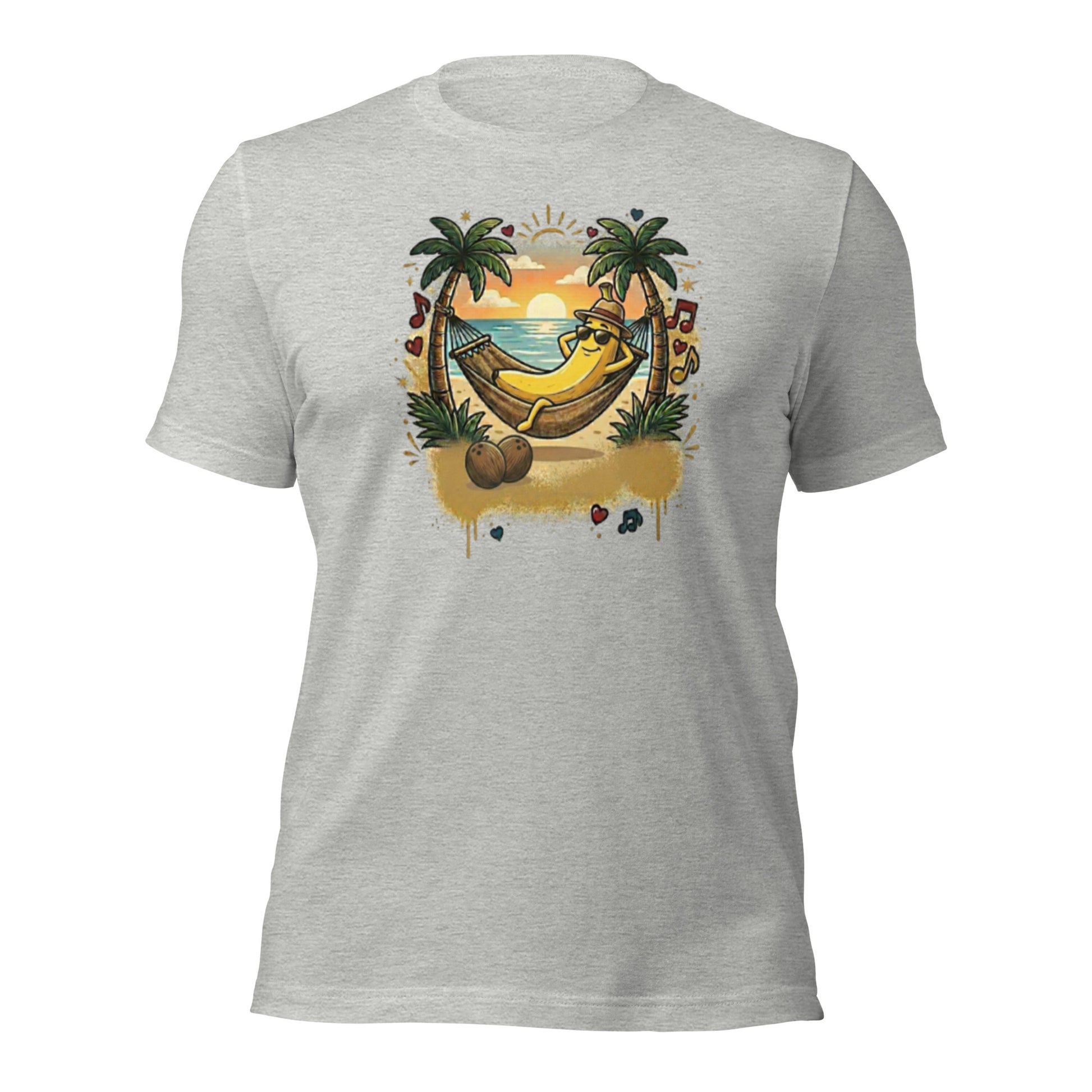 Badditude Banana Hammock T-Shirt in Athletic Heather Front View - Cartoon banana relaxing in a hammock on a tropical beach, fun lounge vibes.