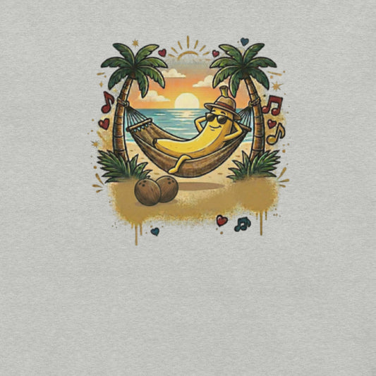 Badditude Banana Hammock T-Shirt in Athletic Heather - Cartoon banana relaxing in a hammock on a tropical beach, fun lounge vibes.