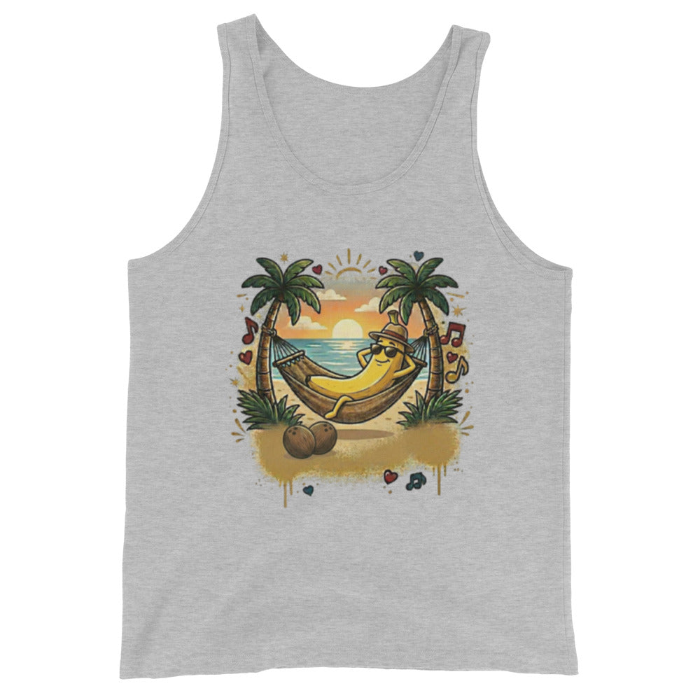 Tank Top depicting a fun graphic of a banana lounging in a hammock with its coconuts