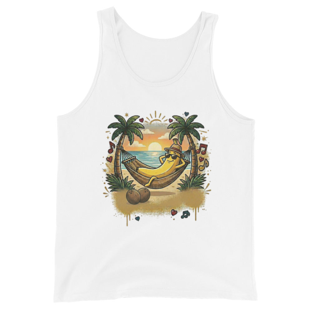 Graphic Tank Top depicting a banana laying in a hammock for summer vibes