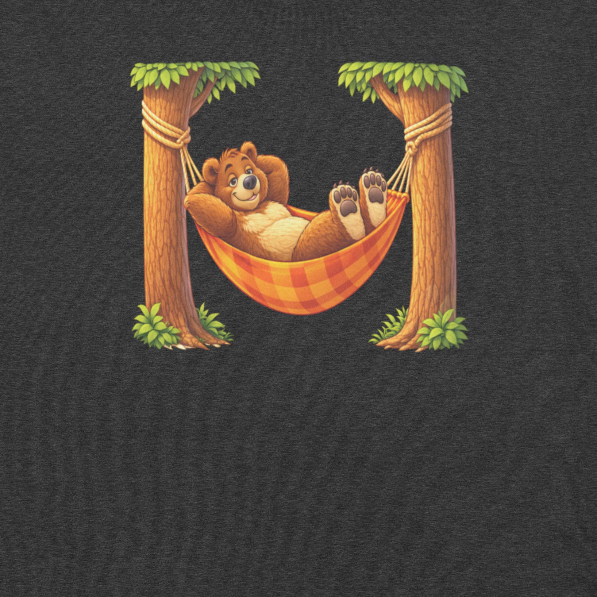 Badditude Bear Hammock T-Shirt in Dark Grey Heather  - Cartoon bear relaxing in a hammock with fun lounge vibes