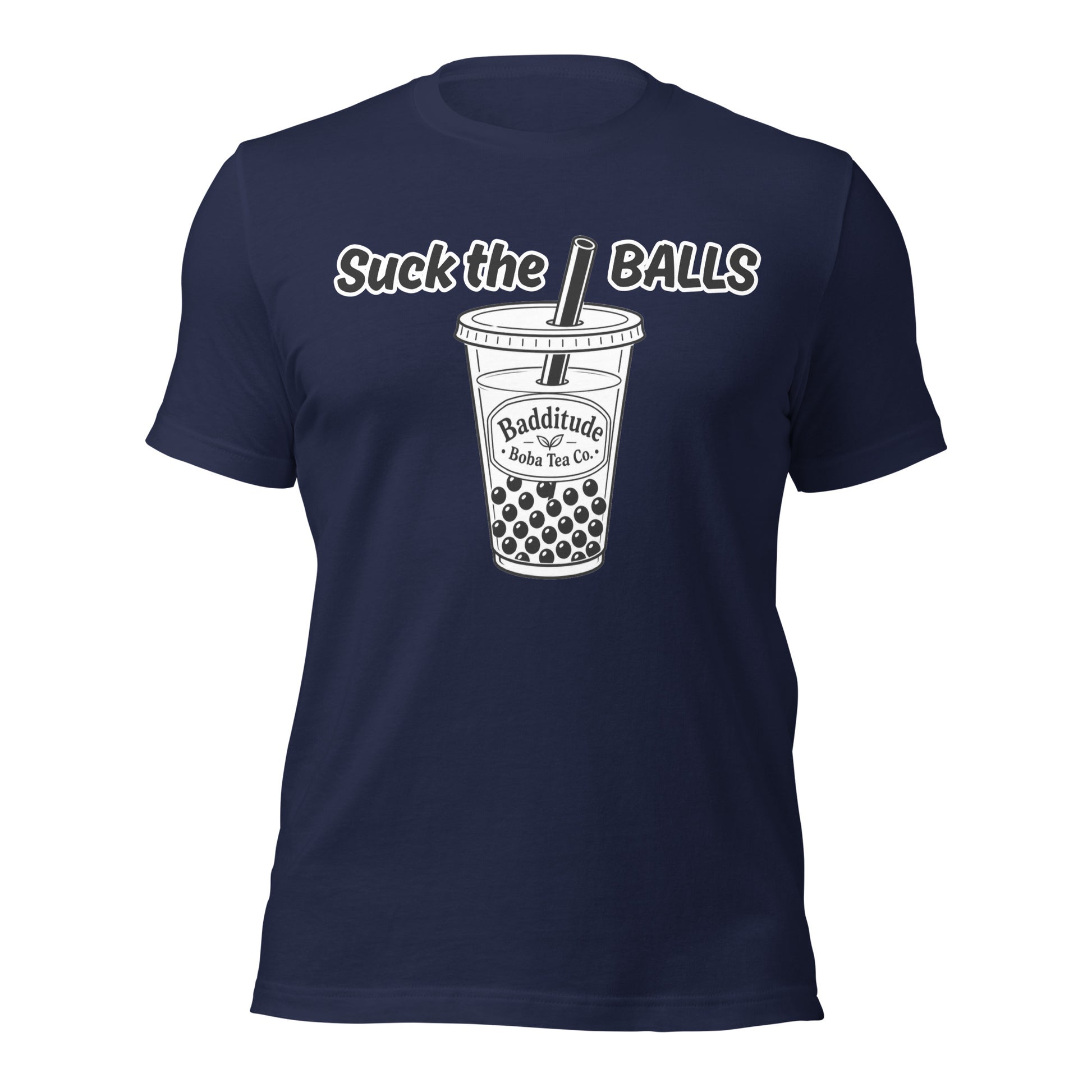 Graphic tee depicting a cup of boba tea and a double entendre slogan