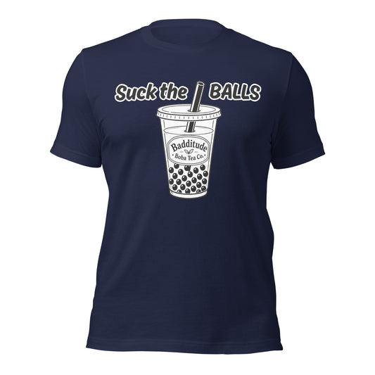 Graphic tee depicting a cup of boba tea and a double entendre slogan