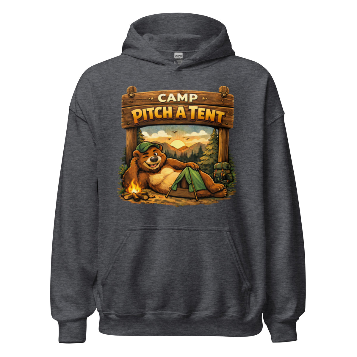 Hoodie sweatshirt with a graphic depicting a cartoon bear pitching a tent in the wilderness