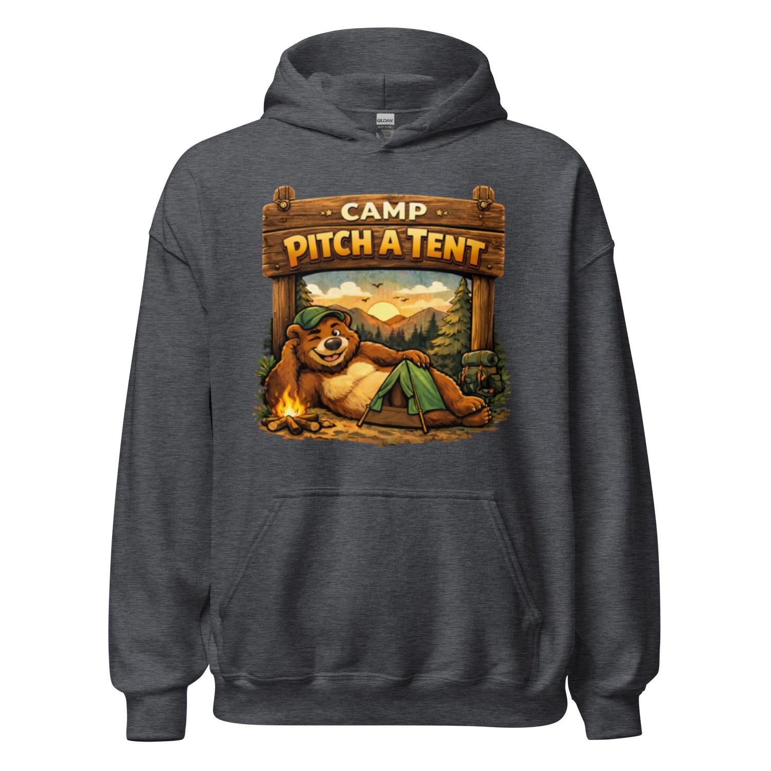 Hoodie sweatshirt with a graphic depicting a cartoon bear pitching a tent in the wilderness
