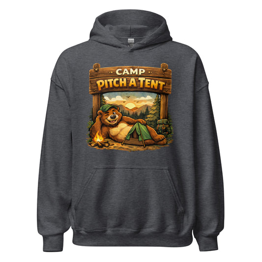 Hoodie sweatshirt with a graphic depicting a cartoon bear pitching a tent in the wilderness
