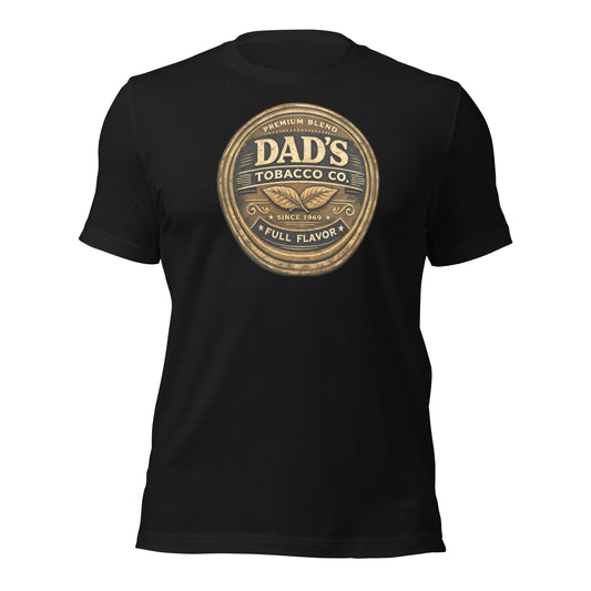 Badditude Dad's Tobacco Company T-Shirt in Vintage Black Front View - Showing classic tin of tobacco in vintage Dad style.