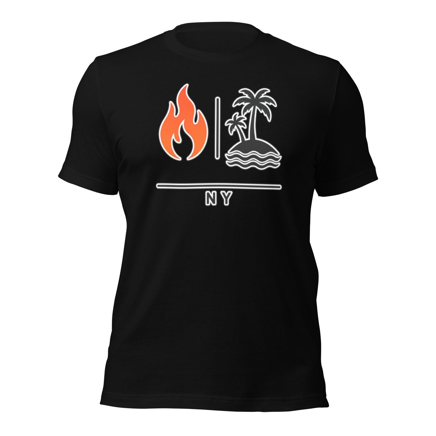 Graphic tee depicting popular gay destination fire island as two pictures emulating the name