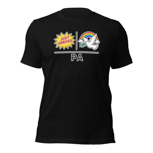 Pictograph graphic tee shirt with images that depict the popular gay location of new hope PA