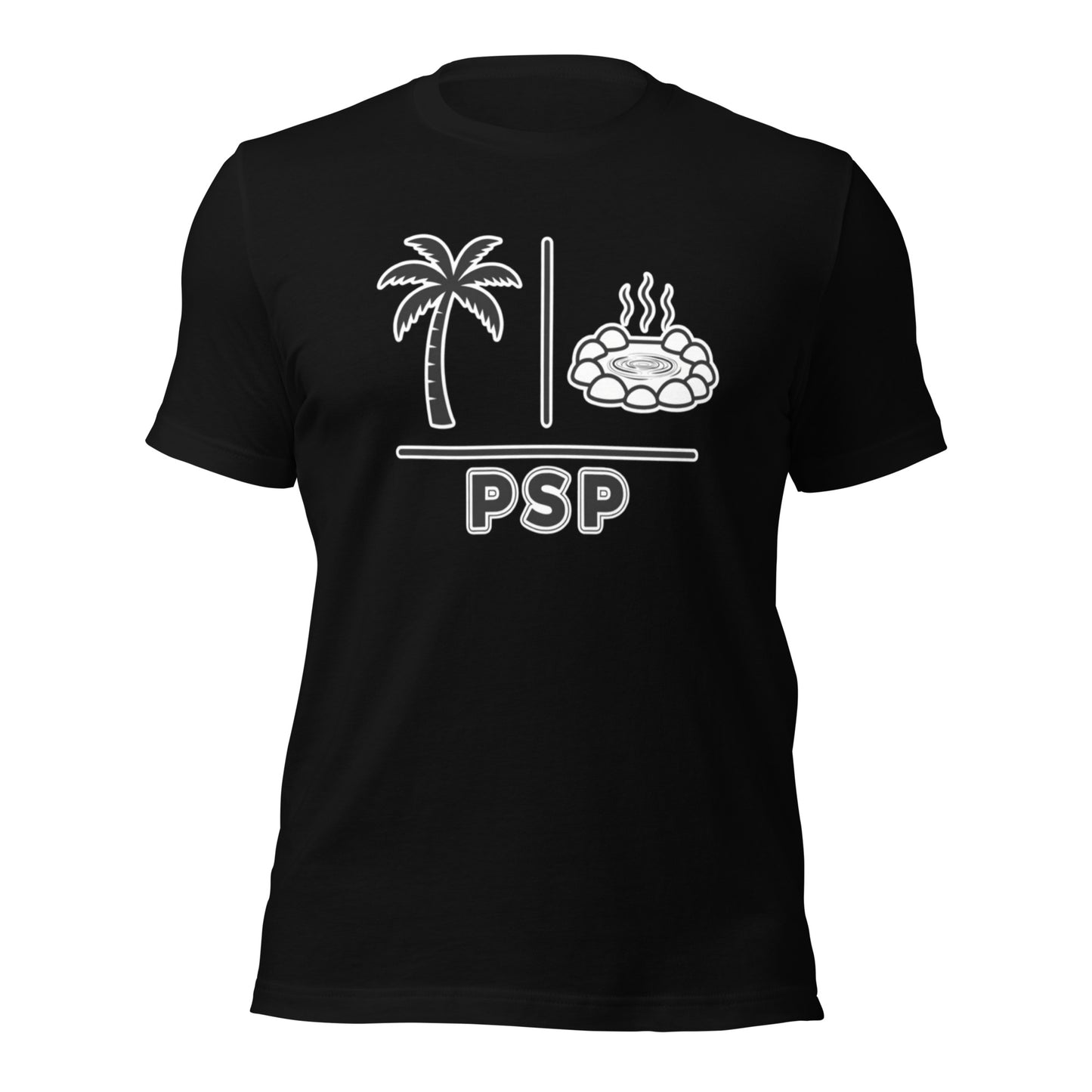 Graphic tee depicting images that represent palm Springs CA including the airport code