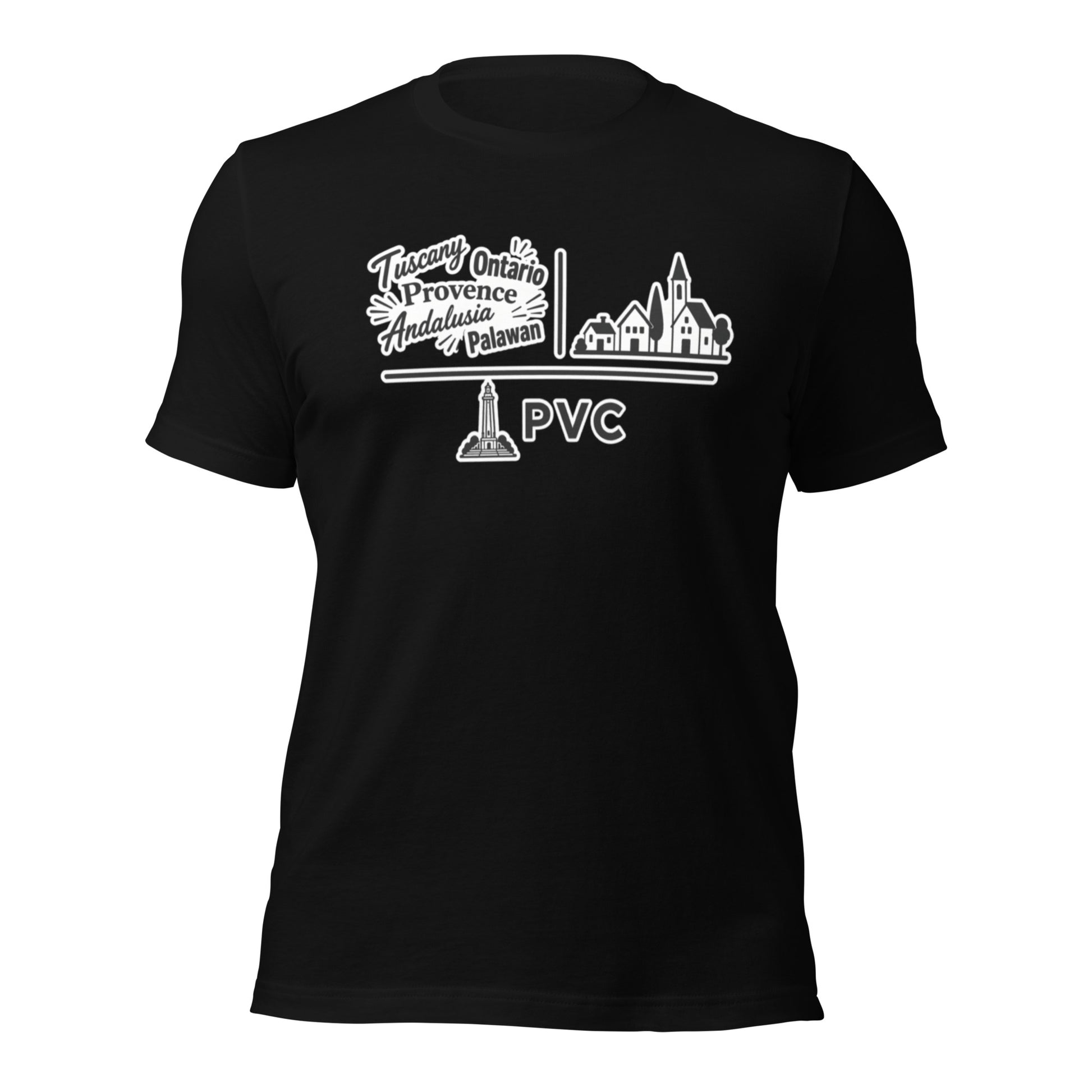 Graphic tee depicting popular provinces and a town for provincetown with the famous monument and airport code