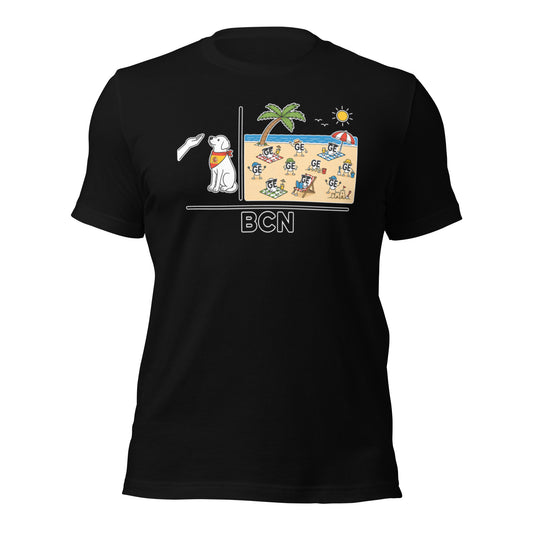 Graphic tee depicting a sitting dog and multiple GE letters put together with the airport code to represent Sitges Spain