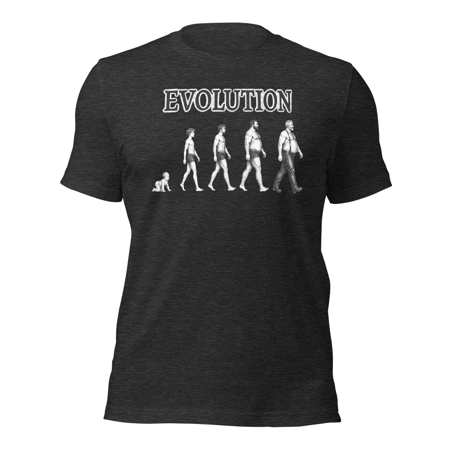 Graphic tee depicting the evolution of a gay man from baby to twink to cub to bear to daddy