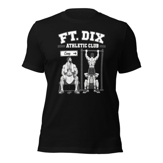Graphic tee depicting the ft dix campsite workout club with bears and muscle men