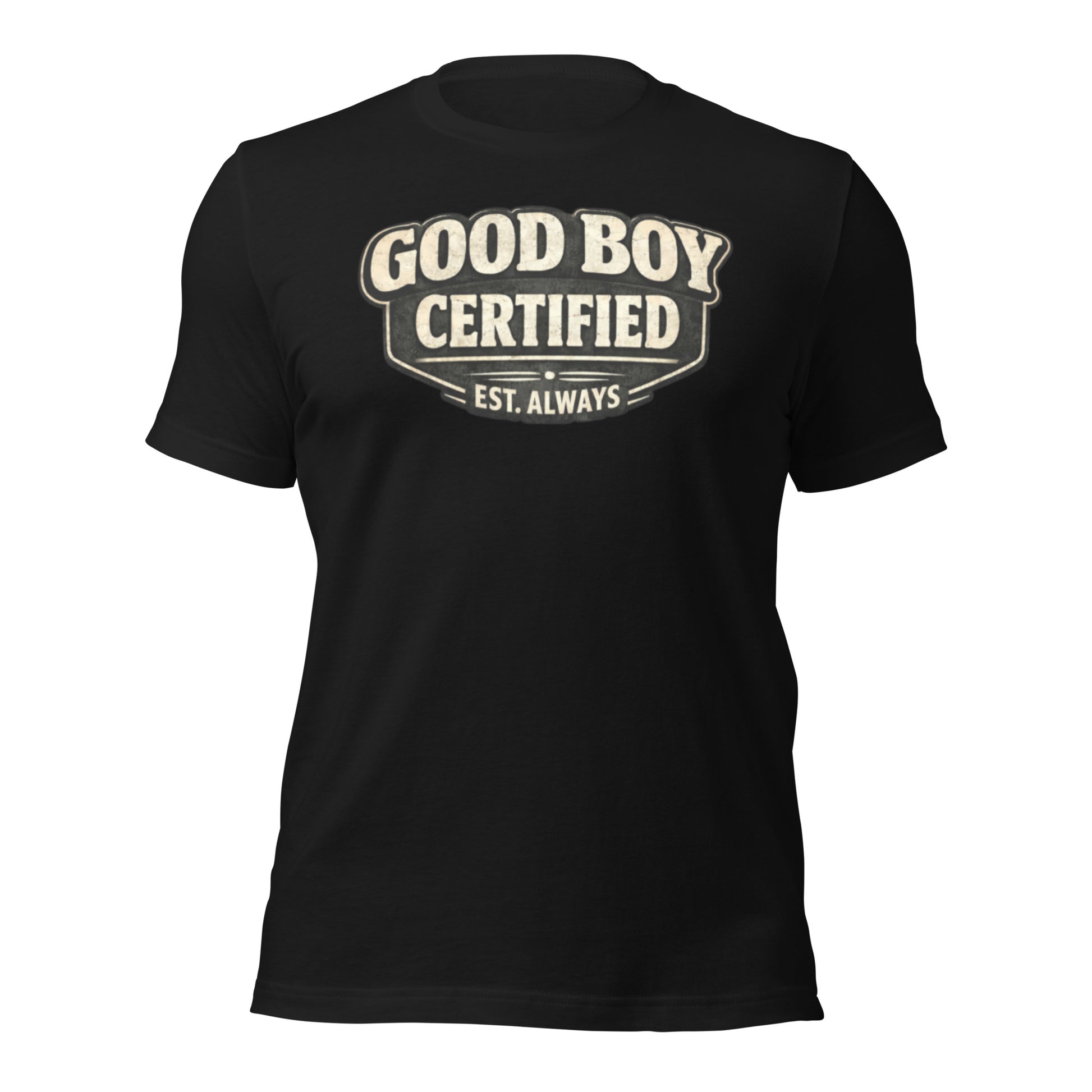 Badditude Good Boy Certified T-shirt in vintage black front view featuring scout-style good boy badge logo