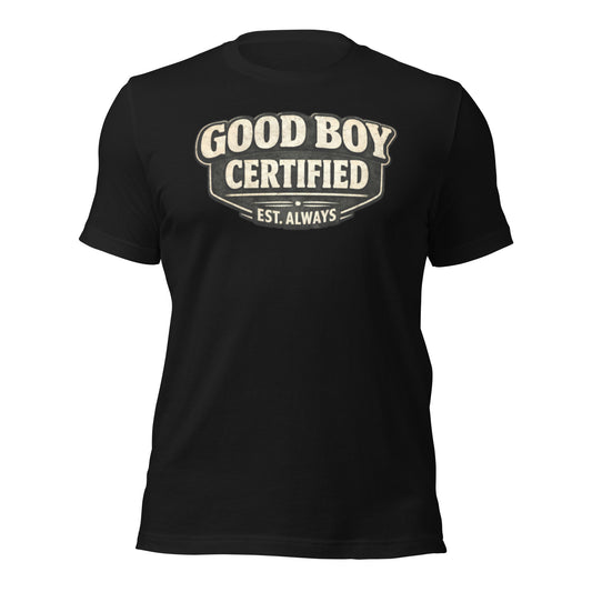 Badditude Good Boy Certified T-shirt in vintage black front view featuring scout-style good boy badge logo