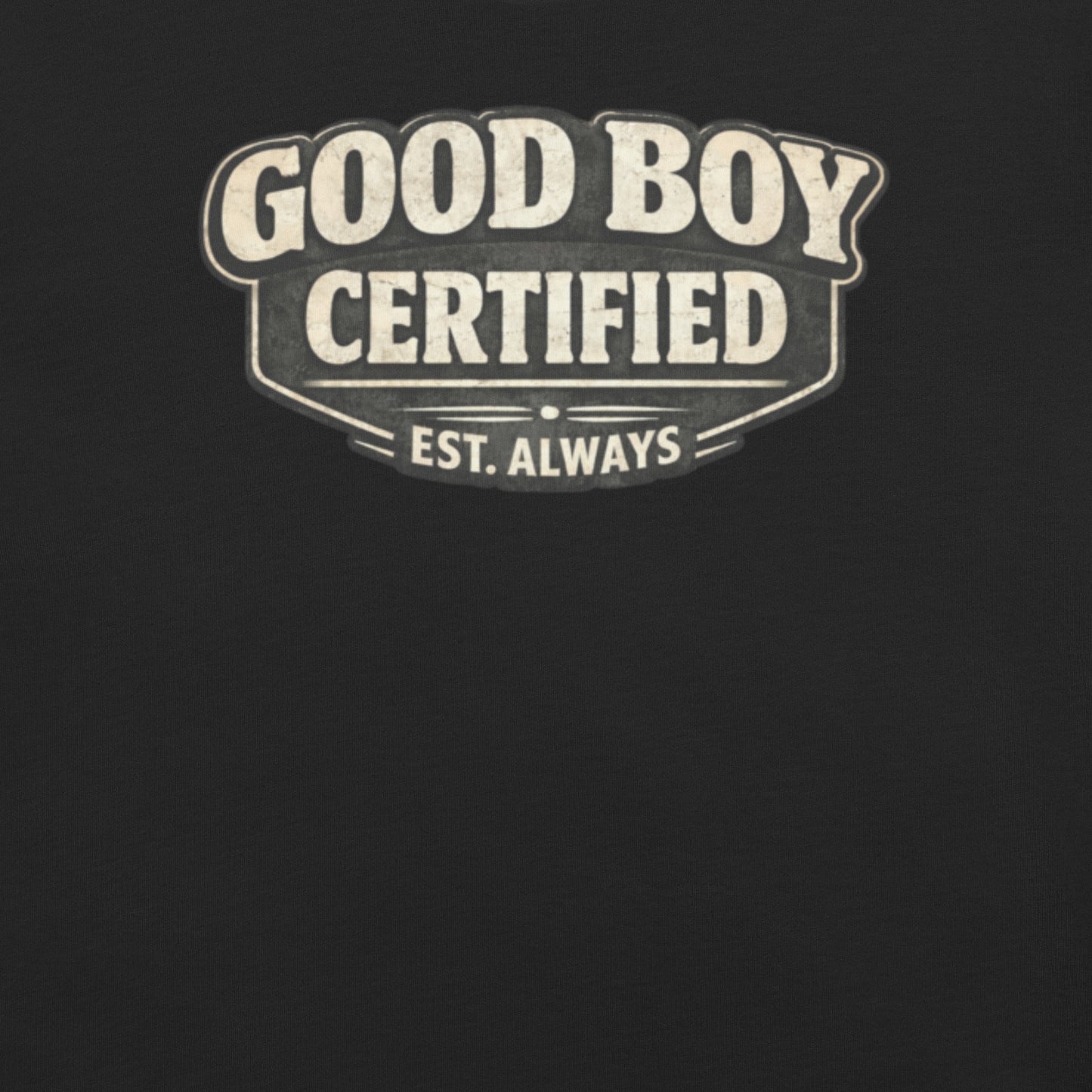 Badditude Good Boy Certified T-shirt in vintage black featuring scout-style good boy badge logo