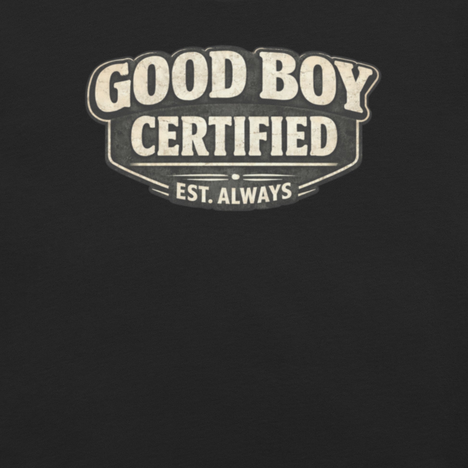 Badditude Good Boy Certified T-shirt in vintage black featuring scout-style good boy badge logo