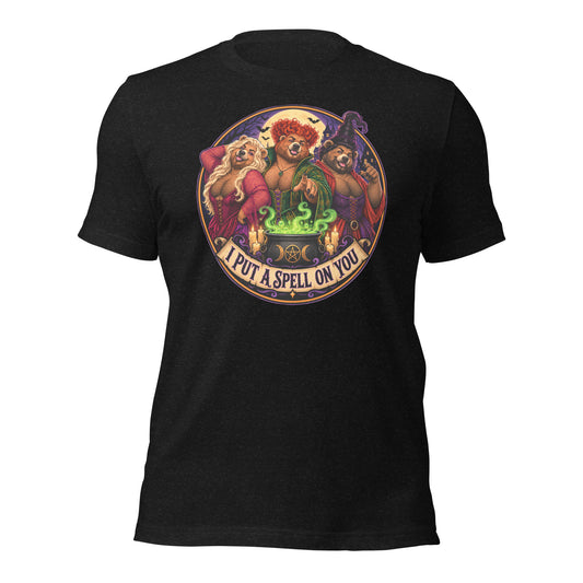Graphic t-shirt depicting 3 bears dressed as witches with the caption of I put a spell on you