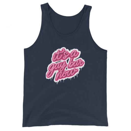 Tank top with graphic depicting it's a gay bar now in neon colors for pride wear