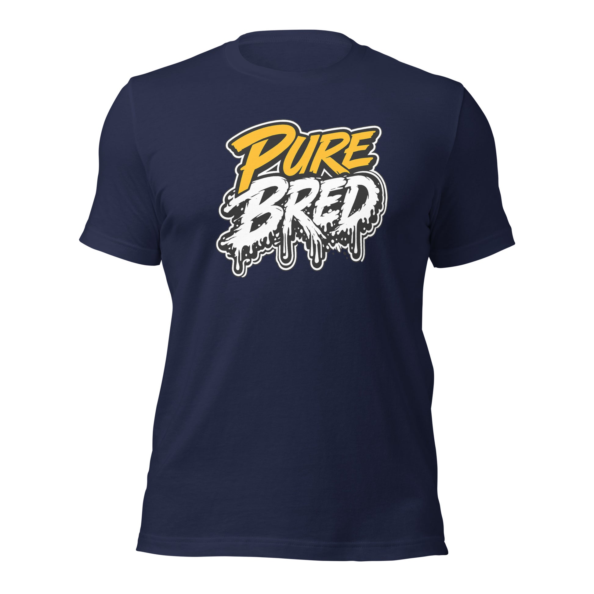 Graphic tee depicting the text pure bred in playful splat font