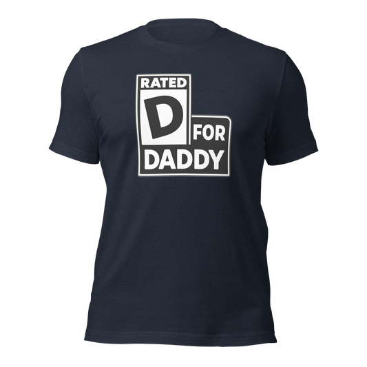 Badditude Rated D for Daddy T-shirt in navy front view featuring bold daddy graphic