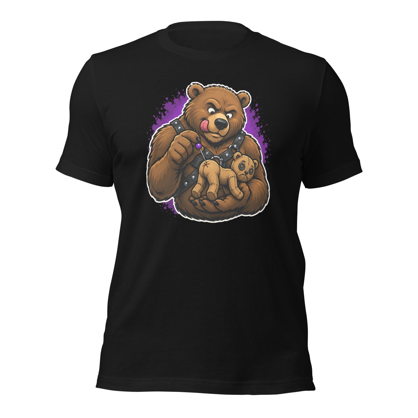Graphic tee featuring playful image of a cartoon bear poking a voodoo bear doll with a pin