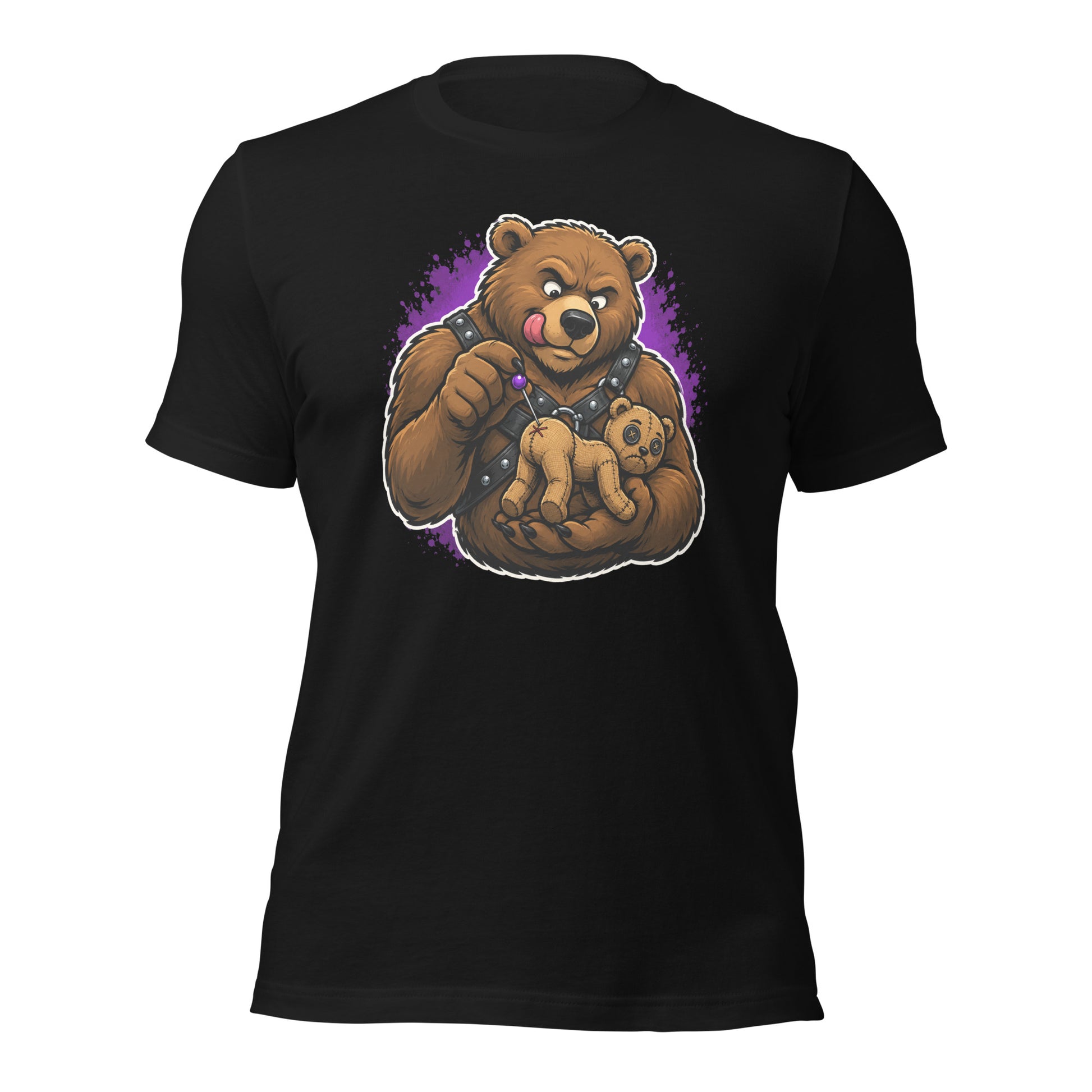 Graphic tee featuring playful image of a cartoon bear poking a voodoo bear doll with a pin