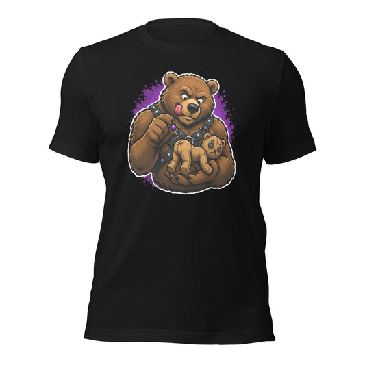 Graphic tee featuring playful image of a cartoon bear poking a voodoo bear doll with a pin
