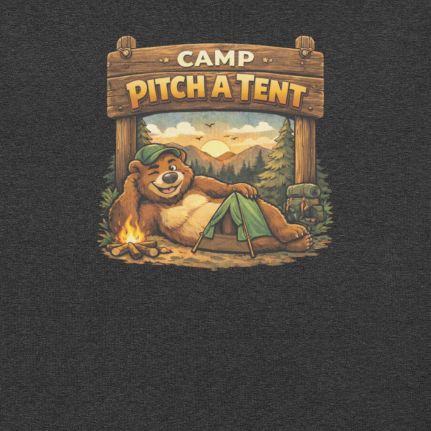 Dark Grey Heather t-shirt logo featuring the Camp Pitch A Tent funny gay bear camping design with cartoon bear relaxing beside a tent and campfire