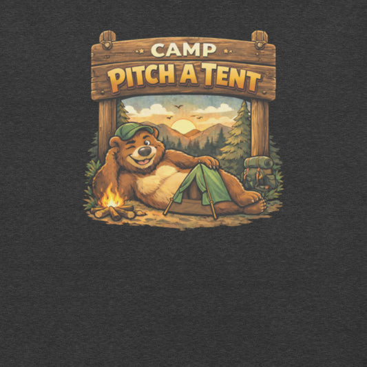 Dark Grey Heather t-shirt logo featuring the Camp Pitch A Tent funny gay bear camping design with cartoon bear relaxing beside a tent and campfire