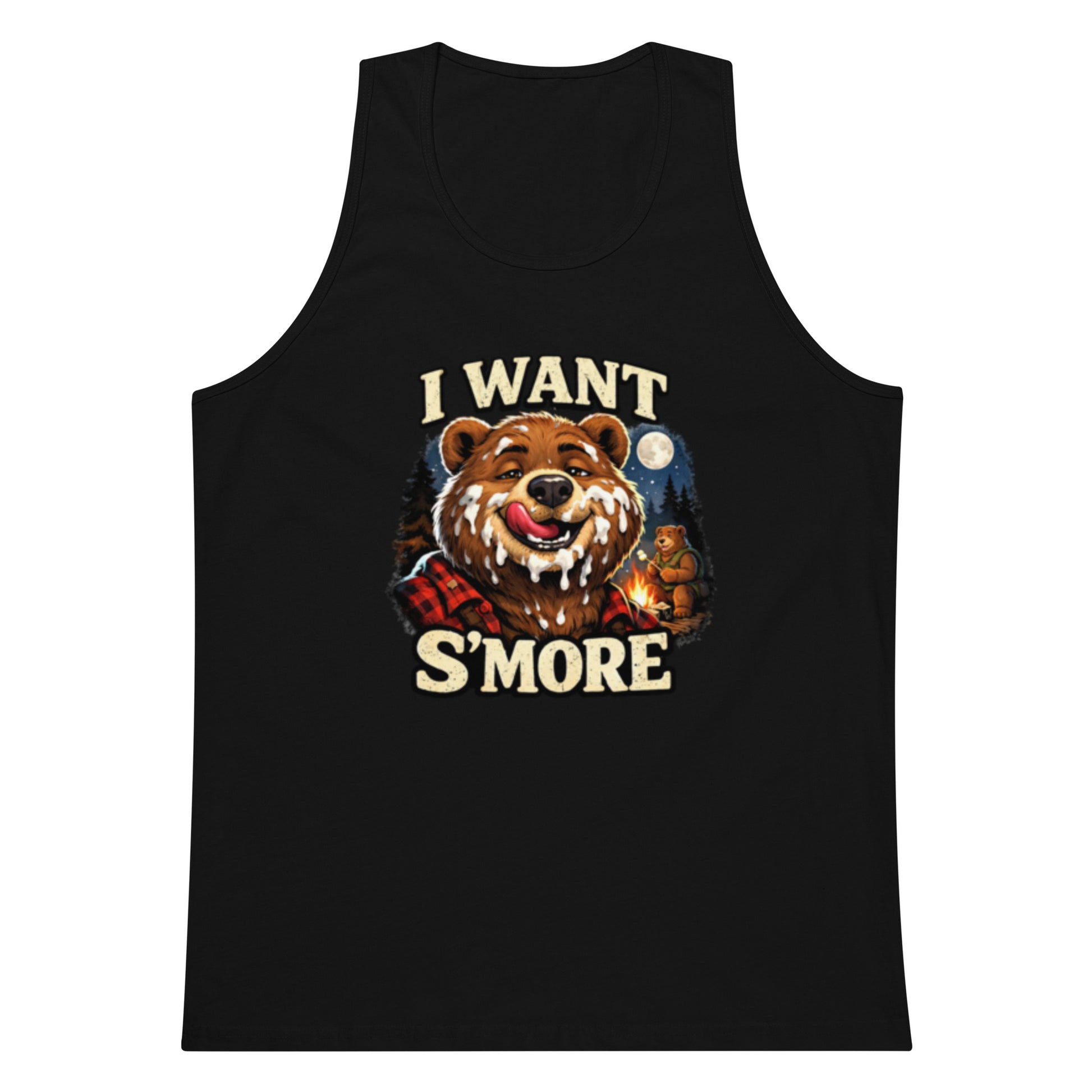 Graphic of a bear eating smores with marshmallow on his face as a graphic tank top design