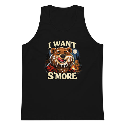 Graphic of a bear eating smores with marshmallow on his face as a graphic tank top design