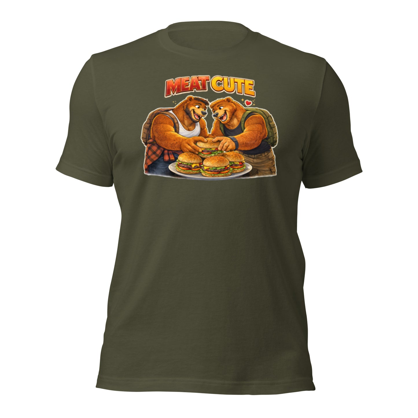 Meat Cute bear t-shirt design featuring two bears reaching for the same burger in a playful moment.