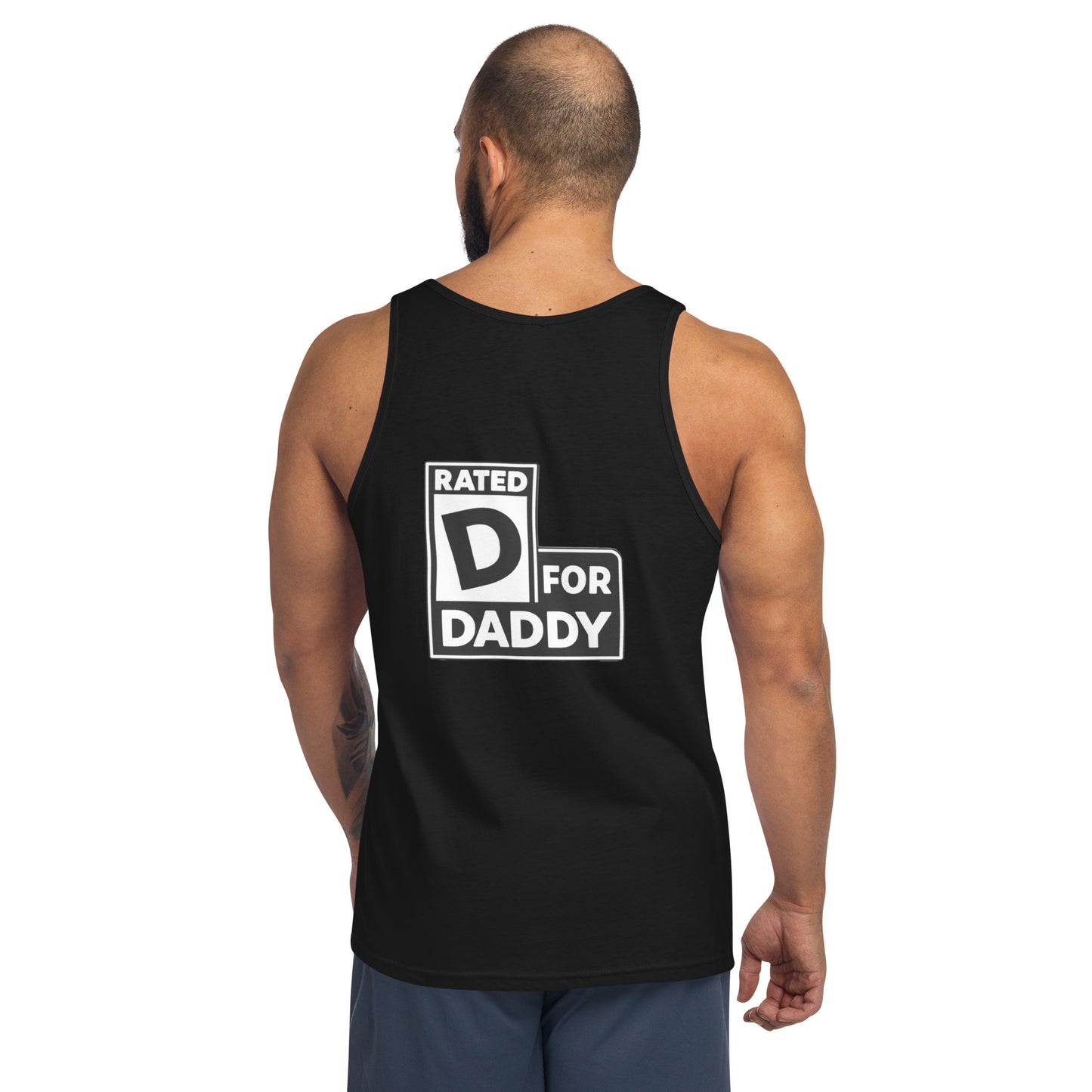 Model wearing black Rated D for Daddy gay pride back print tank top