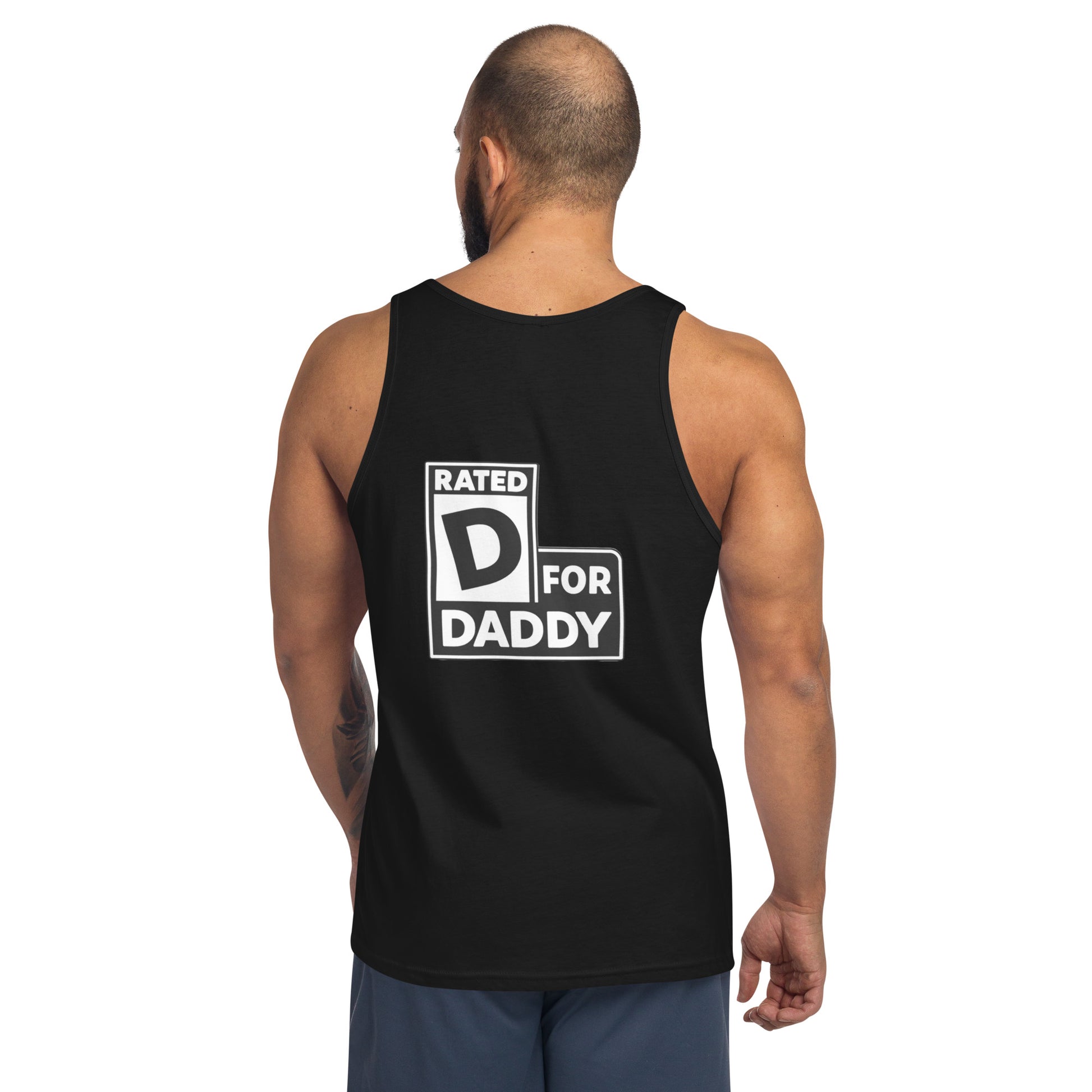 Model wearing black Rated D for Daddy gay pride back print tank top