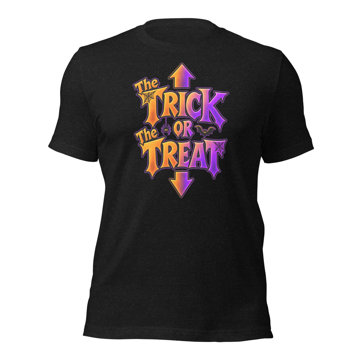 Graphic tee depicting a cheeky saying of the trick or the treat with arrows pointing up and down