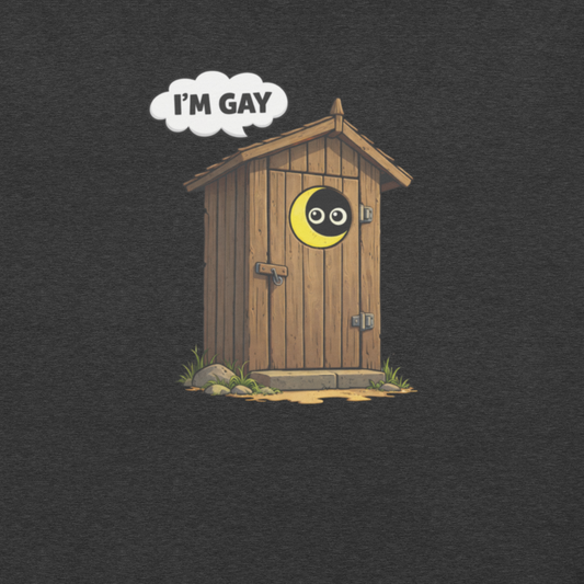 Funny I'm Gay Pride shirt with cartoon outhouse and cloud speech bubble