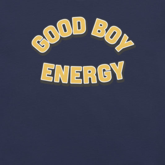 Good Boy Energy leather and pup community Pride shirt with bold graphic text