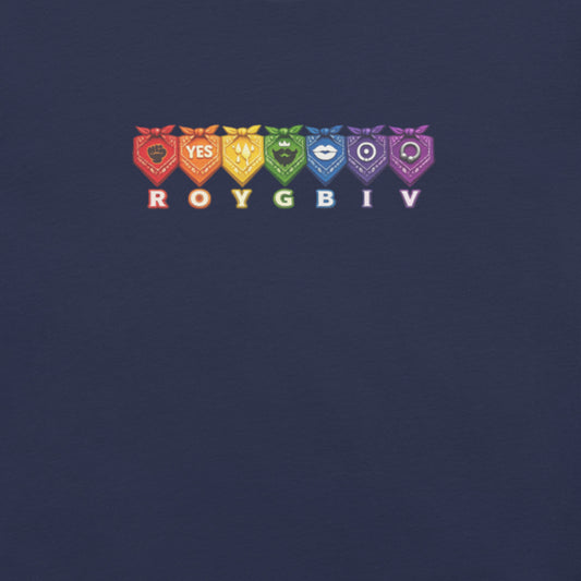 ROYGBIV rainbow Pride shirt featuring bold colorful lettering