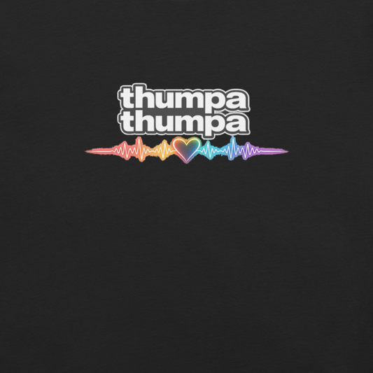 Thumpa Thumpa rainbow heartbeat Pride shirt with white lettering and neon club style design